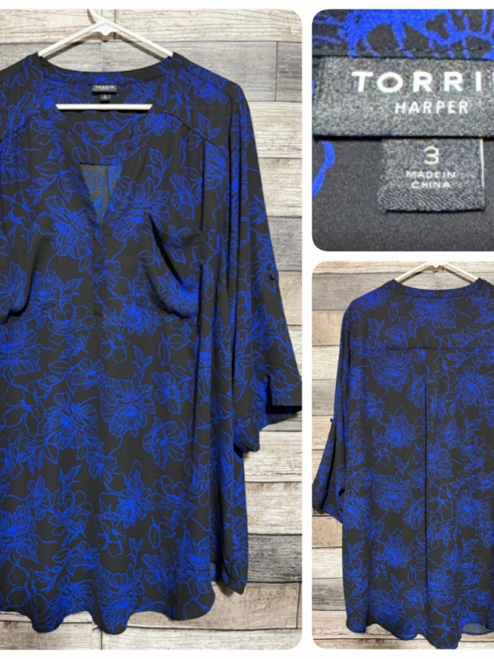 Torrid Harper Floral Blouse Tunic Women’s 3X Blue Black Lightweight